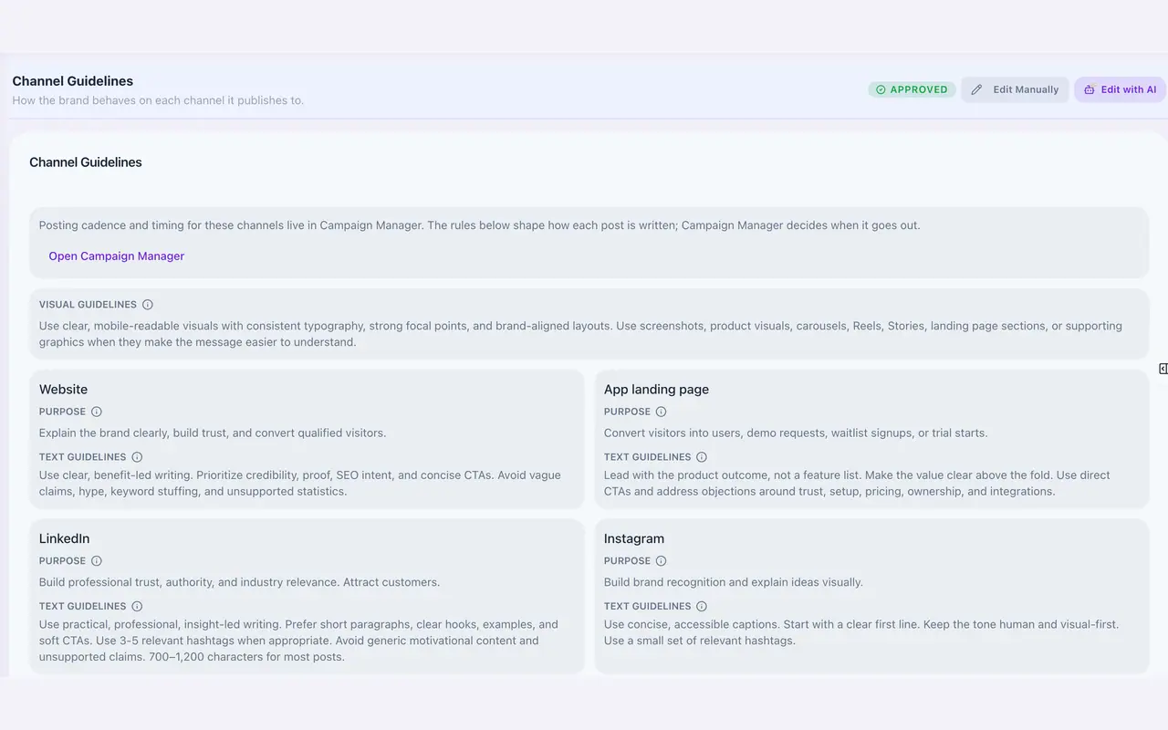 Brand Manager Channel Guidelines with visual rules, and a purpose and writing rules for the website, app landing page, LinkedIn and Instagram.