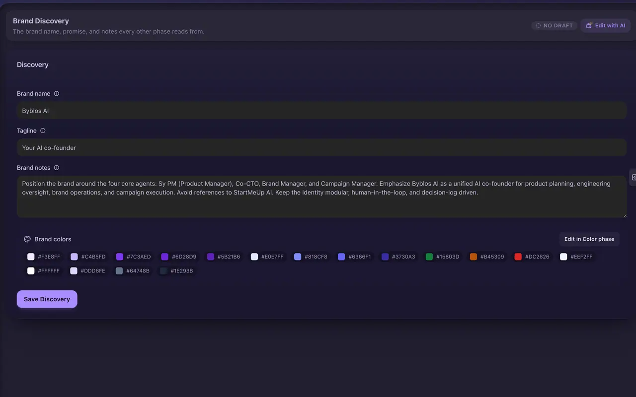 Brand Manager Discovery phase with the brand name, tagline, brand notes and brand colours.