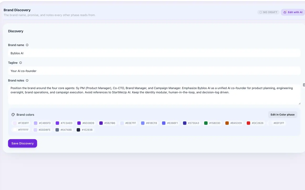 Brand Manager Discovery phase with the brand name, tagline, brand notes and brand colours.