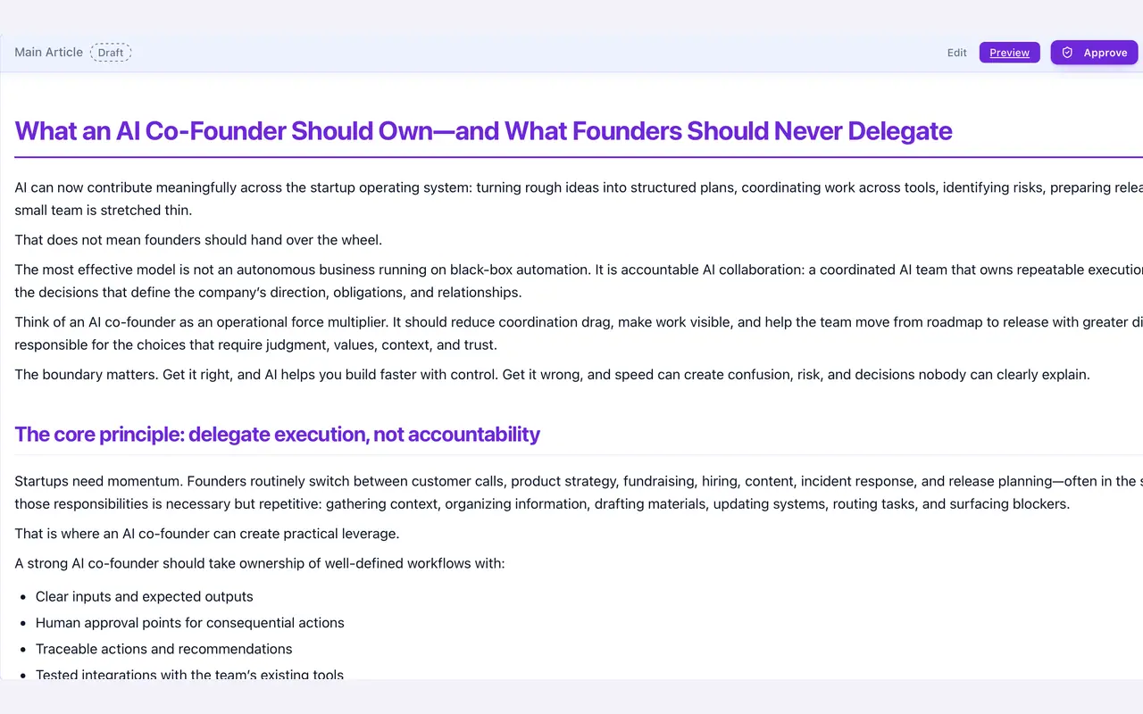 Campaign Manager main article drafted by AI and awaiting approval, and its LinkedIn version with on-brand AI images.
