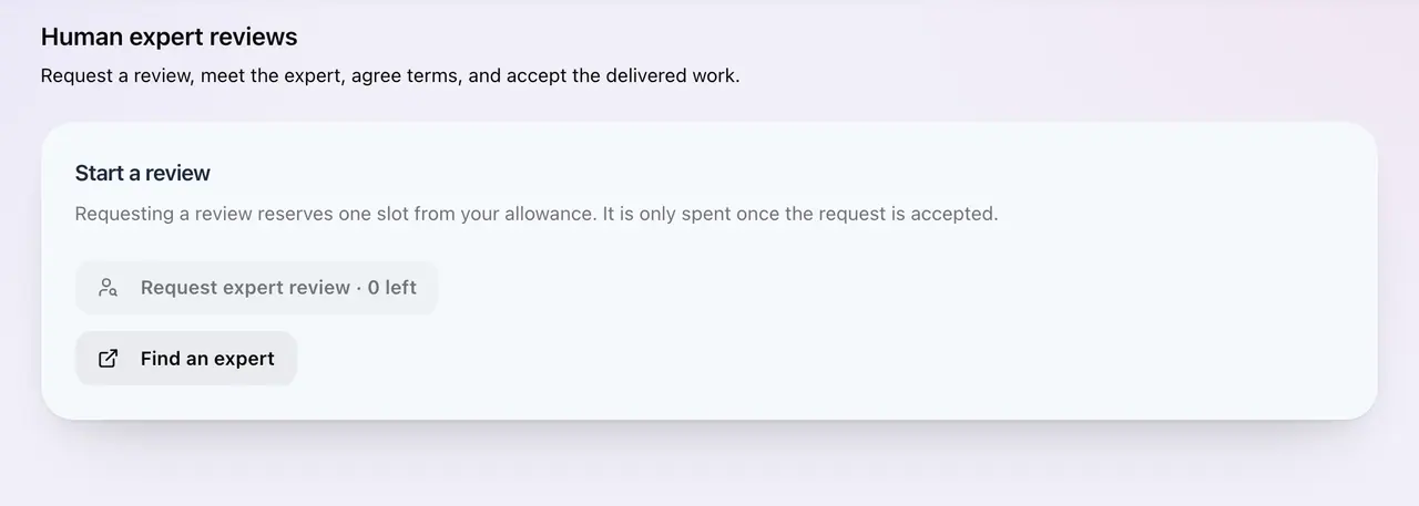 Expert reviews in Product Manager, with a Request expert review button showing the remaining allowance and a Find an expert link.