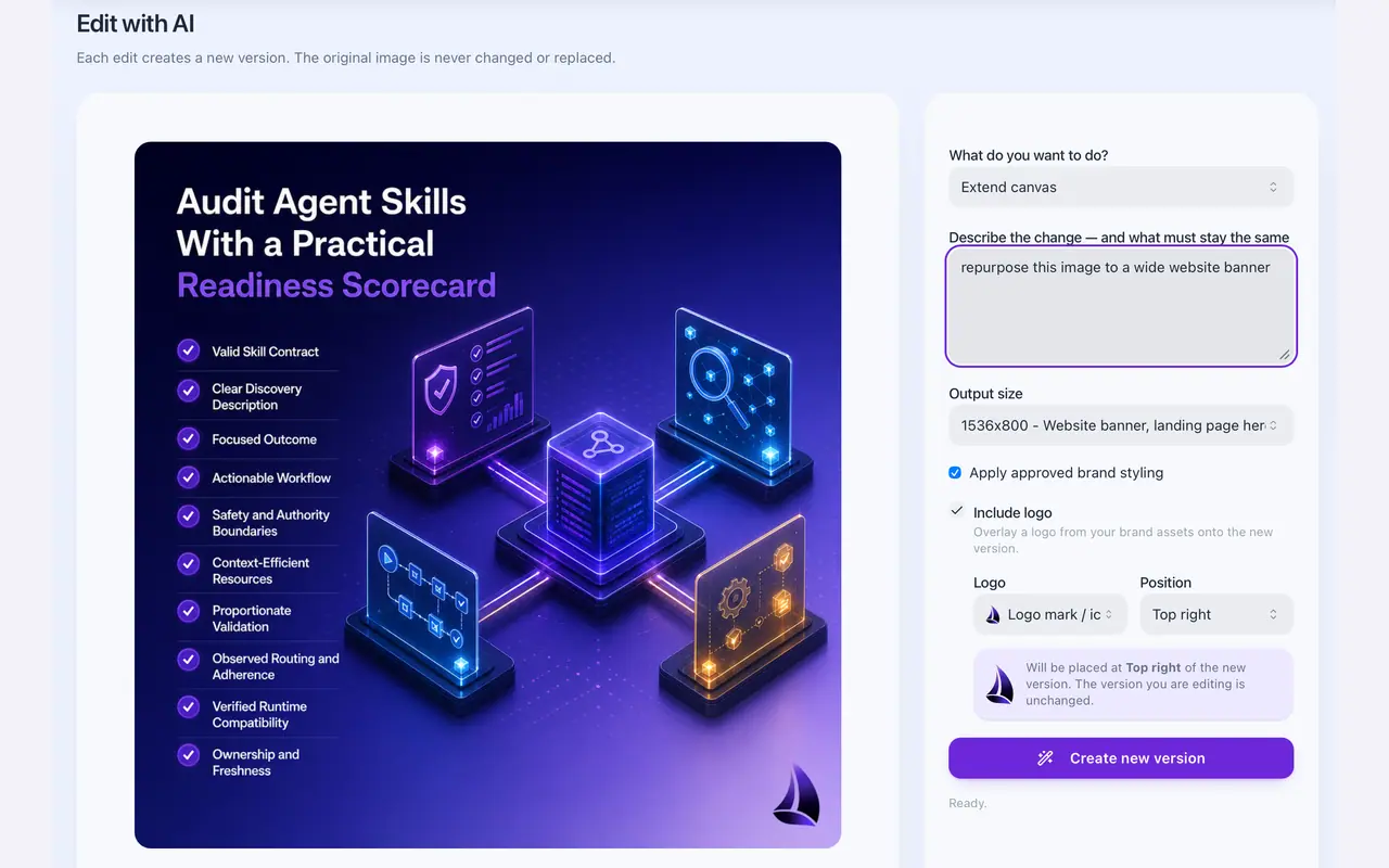 Edit with AI on a generated social image, with the extend-canvas action, a described change, a website-banner size, brand styling and a logo overlay.