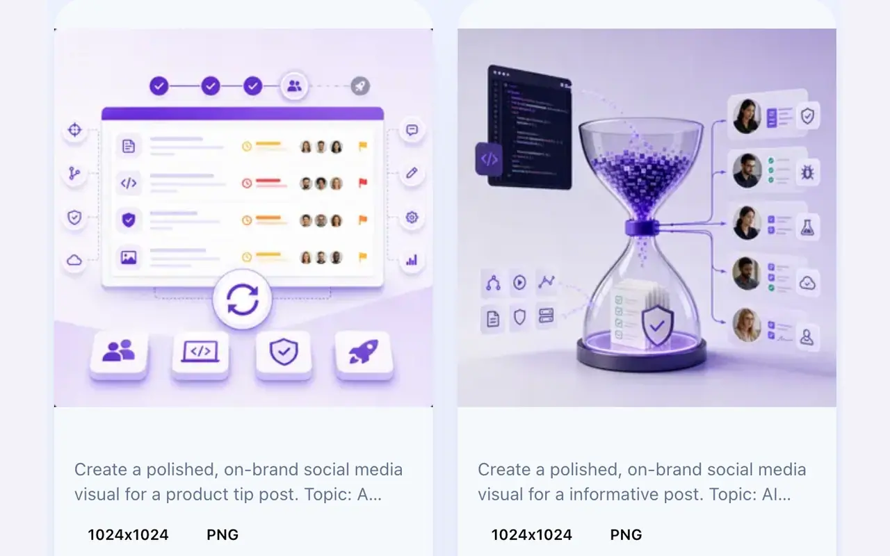 The project image library with two AI-generated social visuals and the on-brand prompts that created them.